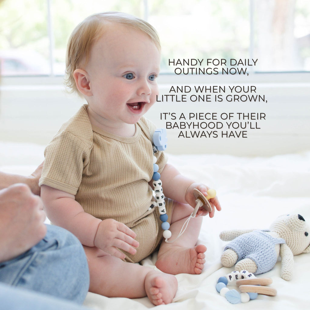 Blue Leaf Pacifier Clip & Matching Rattle - itty Bitty Keepsake