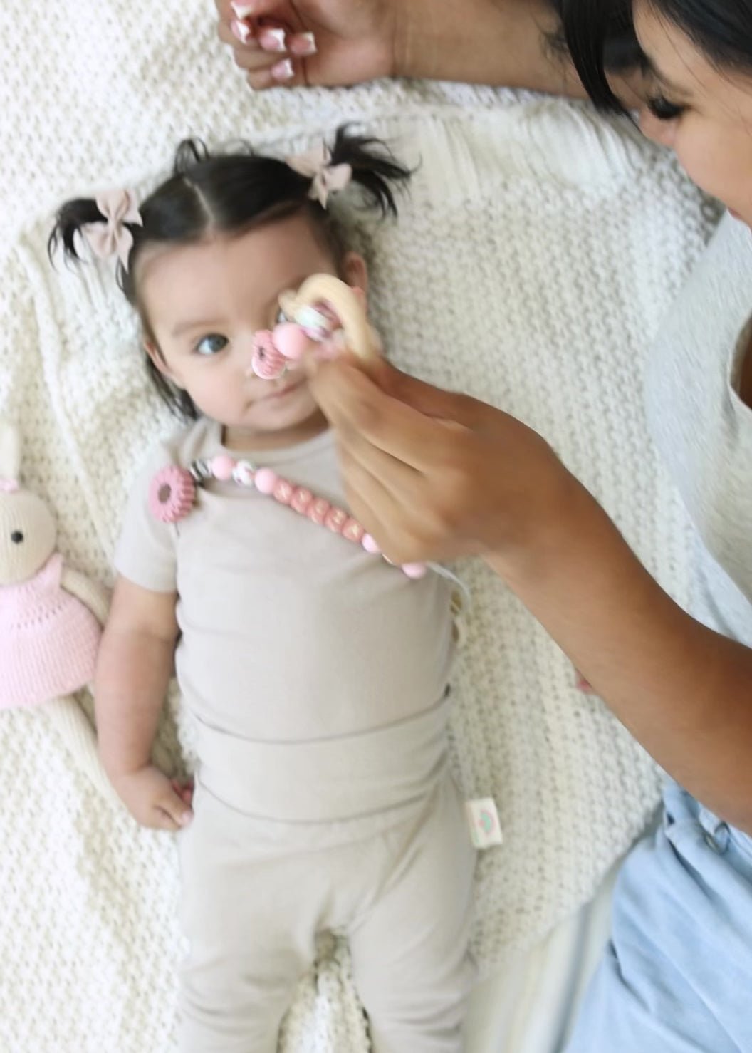 Dark Pink Flower Pacifier Clip & Rattle
